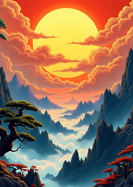 Mountain landscape with sun and clouds