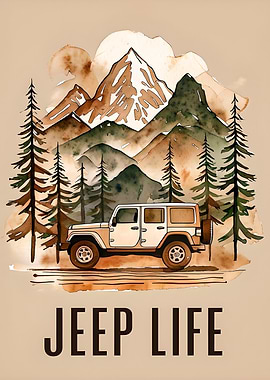 Jeep Life Watercolor Mountain Scene