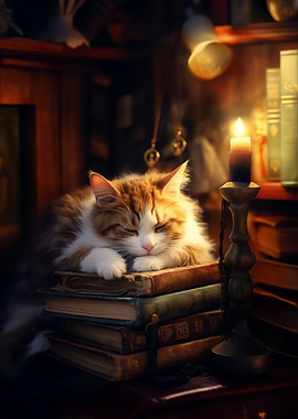 Sleeping Cat on Books with Candle