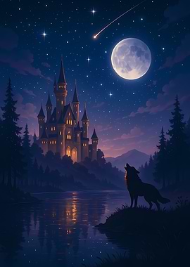Howling Wolf Under Magical Castle