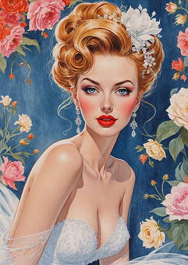 Blonde Pin-Up Bride with Floral Background