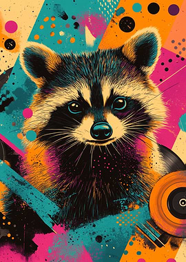 Colorful Raccoon Portrait with Vinyl Record | Rebel Raccoon | Urban Pop Animal Portrait