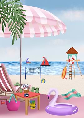 Cartoon Beach Scene with Pink Accents