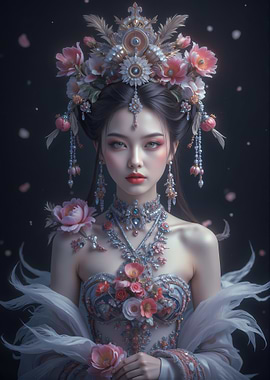 Elegant Asian Woman with Floral Headdress