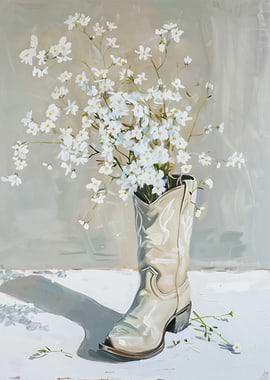 Cowboy Boot with White Flowers