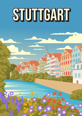 Stuttgart Germany Vintage Travel Poster River Flowers Illustration