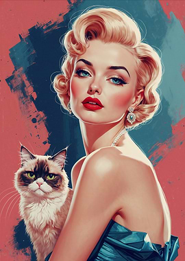 Blonde Pin-Up with Cat Portrait
