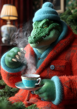 Anthropomorphic Crocodile Drinking Tea
