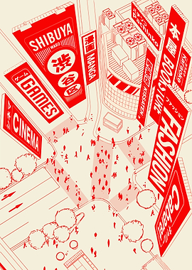 Shibuya Ward Red and Beige Illustration