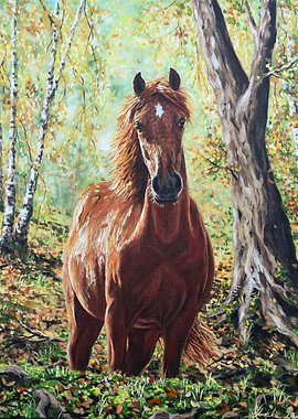 Horse in Autumn Forest Painting