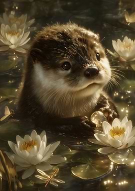 Otter in Water Lilies