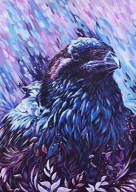 Raven in Blue and Purple Hues