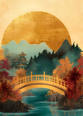 Japanese Landscape with Bridge and Temple