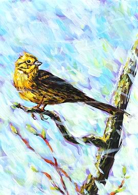 Gold Sparrow on Branch Painting