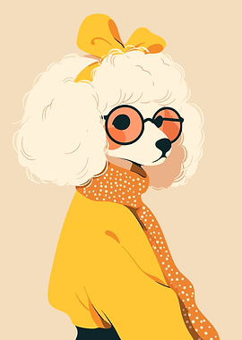 Stylish Poodle in Blouse and Ribbon Cute Dog Portrait Minimalist Art Illustration