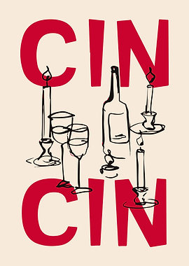 Cin Cin Wine Illustration Art Print, Hand Drawn Wine Art Print, Kitchen Wall Art Poster, Bar Cart Print