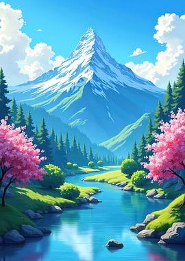 Mountain River Landscape with Cherry Blossoms V2