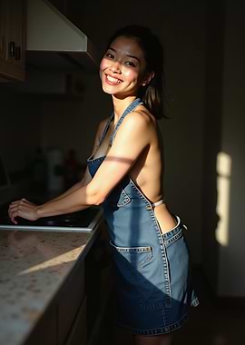 Smiling woman in denim apron