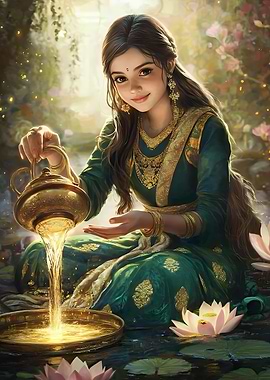 Girl pouring water in lotus pond