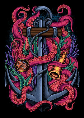 Anchor and Octopus Nautical Illustration