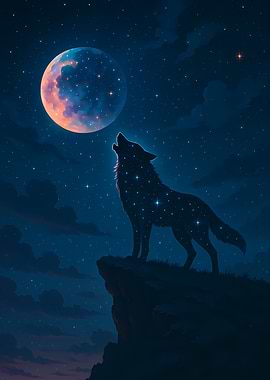 Starry Wolf Howling at a Colorful Moon