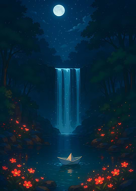 Paper Boat at Night Waterfall