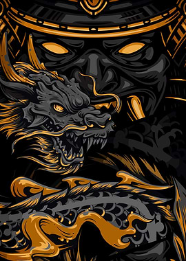 Samurai Mask and Dragon Illustration