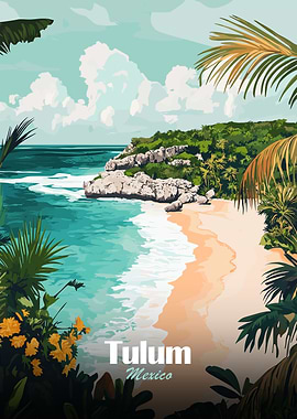 Tulum Mexico Beach Landscape Illustration