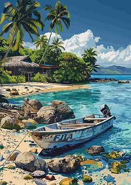 Tropical Beach with Boat and Hut