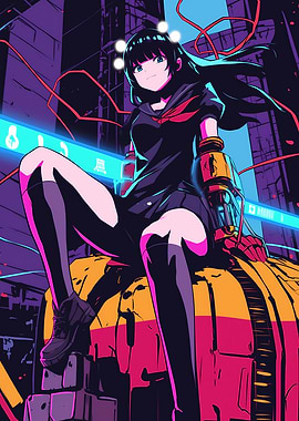 Anime Girl in Cyberpunk Cityscape