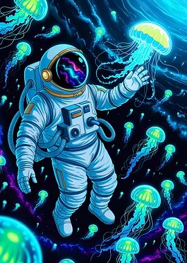 Celestial Dive – Astronaut & Cosmic Jellyfish in Nebula Reflections