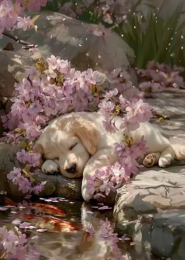 Sleeping Puppy with Cherry Blossoms