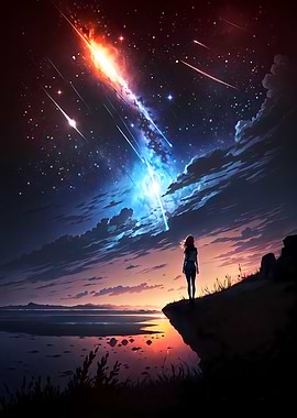 Girl Watching Meteors Shower at Night