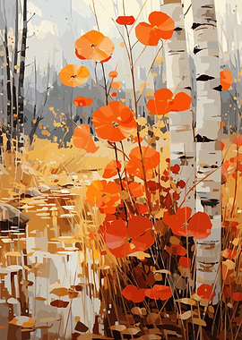 Autumnal Poppies and Birch Trees Painting