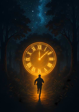 Running Toward a Glowing Clock in the Forest at Night