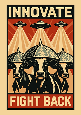Funny Cows and UFO Vintage Poster Art Illustration