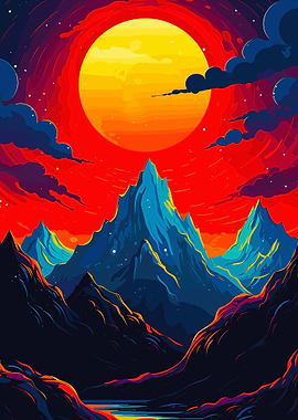 Colorful Mountain Landscape with Large Sun
