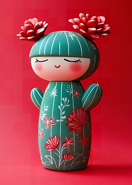 Kokeshi Doll with Floral Cactus Design