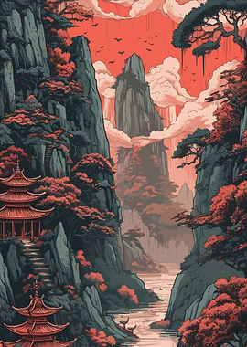 Japanese Landscape with Pagodas and Mountains