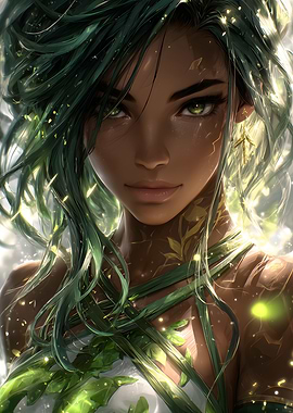 Green Haired Woman with Leaf Adornments
