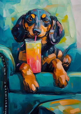 Dachshund Sipping Drink Painting