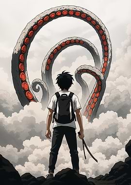 Anime Boy Confronting Giant Tentacles