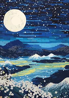 Night Landscape with Moon and Mountains