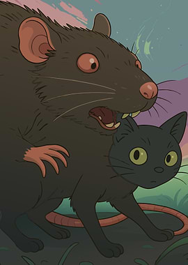 Cartoon Rat Biting Black Cat