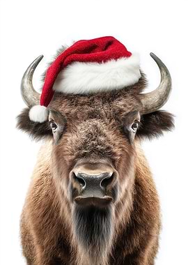Christmas Bison with Santa Hat