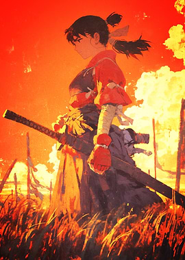 Female Samurai in Field at Sunset