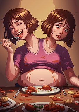 Two-Headed Woman Eating Messy Food
