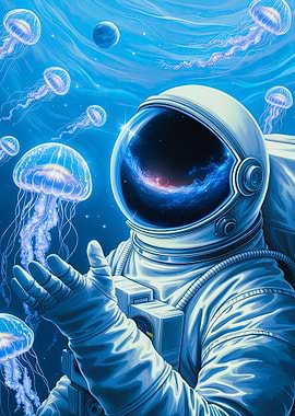 Celestial Dive – Astronaut & Cosmic Jellyfish in Nebula Reflections