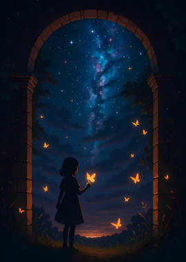 Girl with Butterflies under Starry Sky