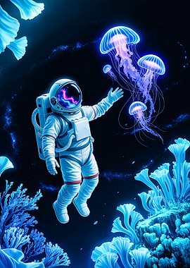 Celestial Dive – Astronaut & Cosmic Jellyfish in Nebula Reflections